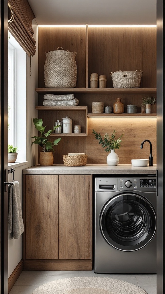 A cozy laundry room with wooden shelves, a washing machine, and decorative baskets.