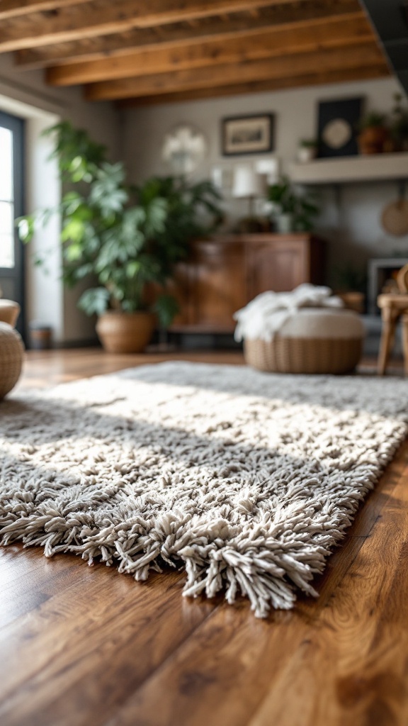 A close-up of a textured area rug in a bright, inviting living room setting.