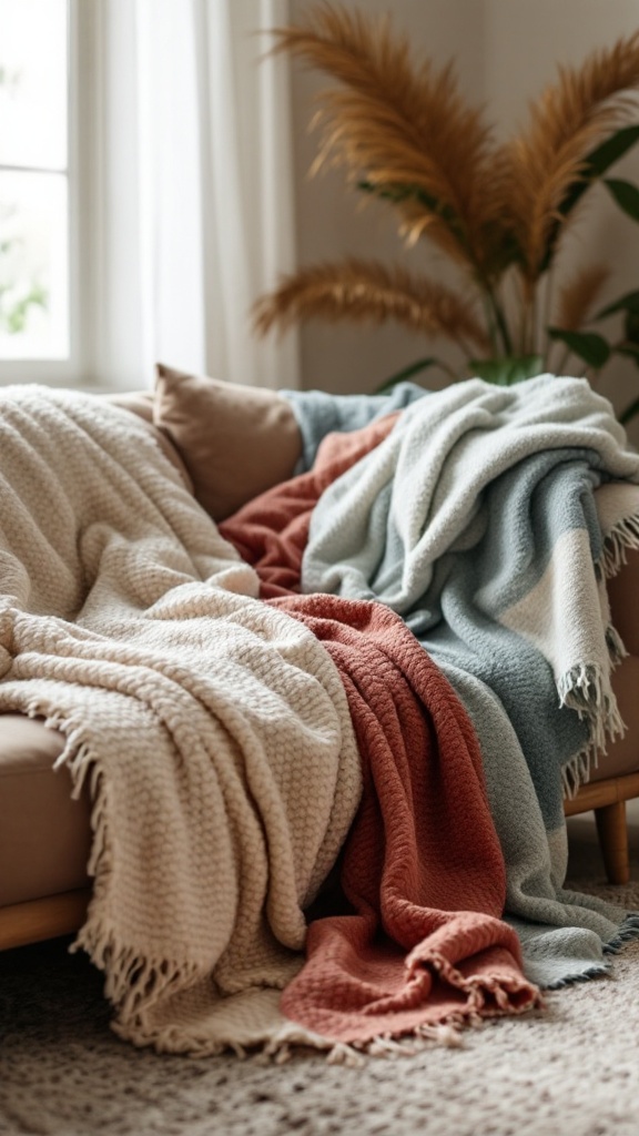 Various textured blankets in cream, rust, and blue draped over a couch