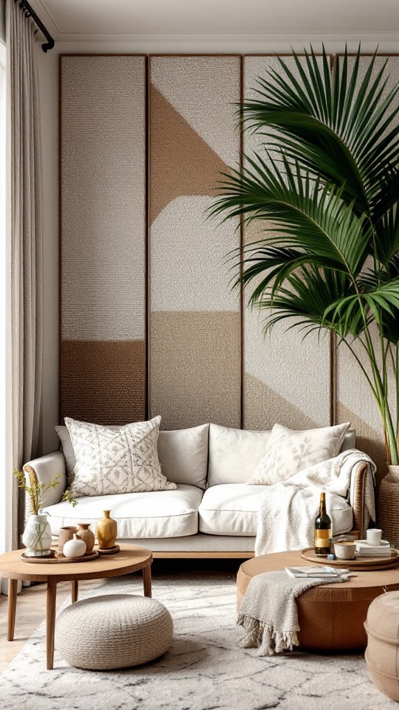 A cozy living room featuring textured wall treatments with a light sofa, decorative pillows, and a coffee table.