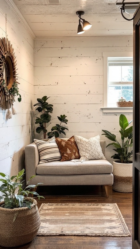 Cozy corner with textured walls, plants, and a comfortable sofa.