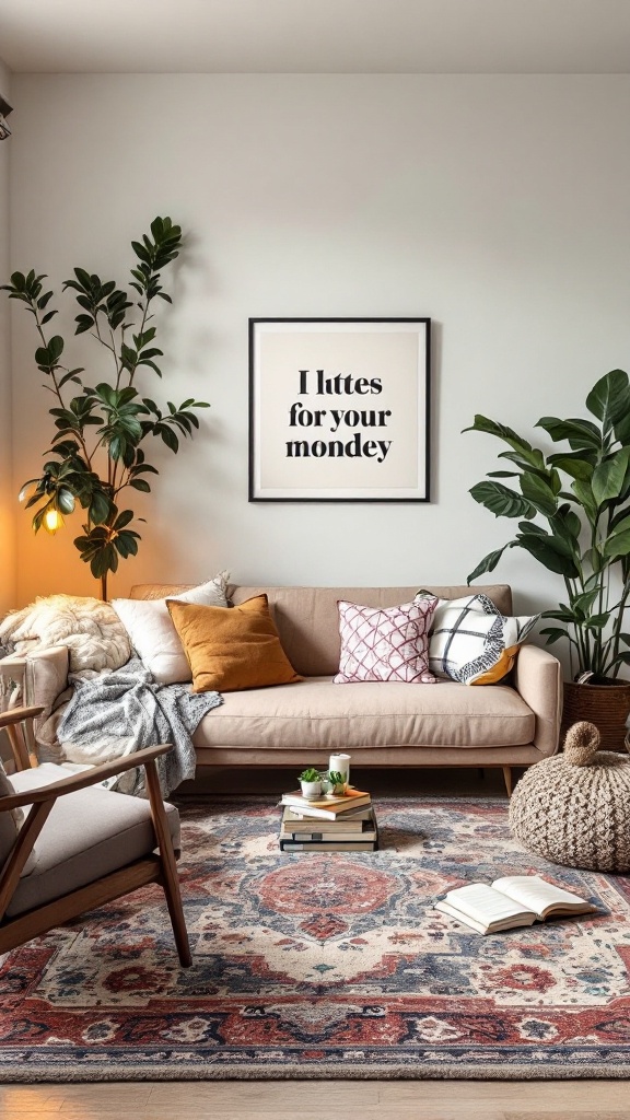 Cozy living room with a beige sofa, colorful pillows, plants, and decorative items.