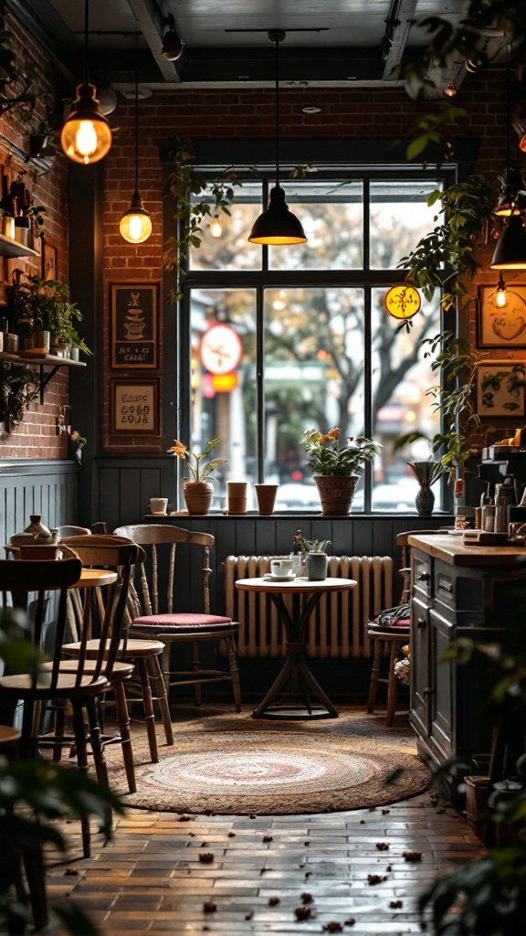 Cozy coffee bar with wooden chairs, plants, and warm lighting