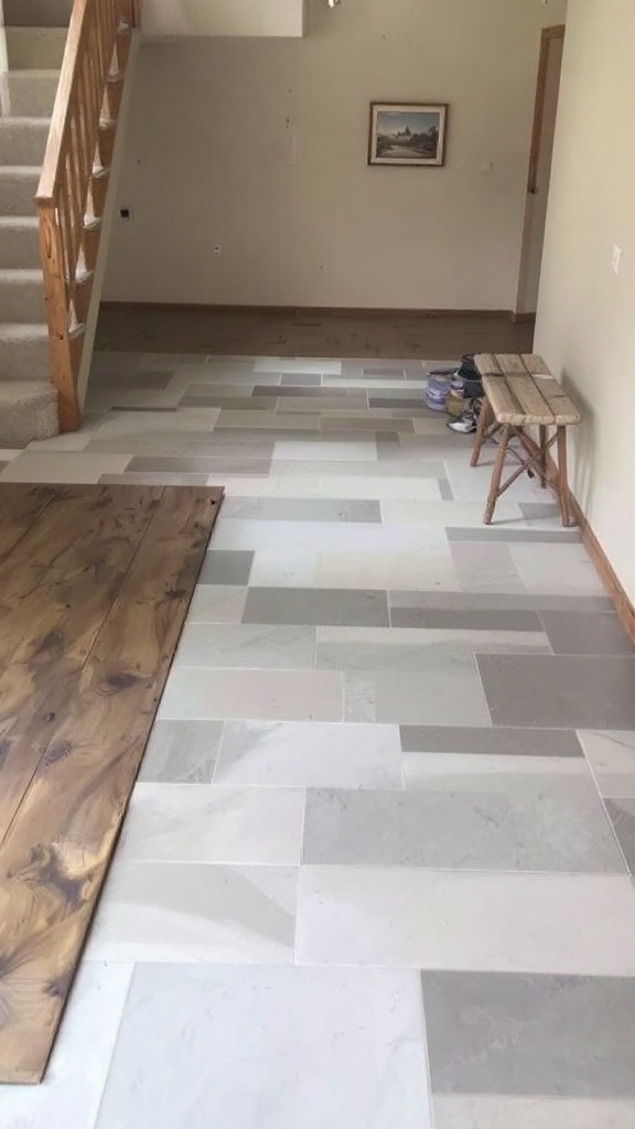 A hallway featuring a unique flooring design with various wood tones.