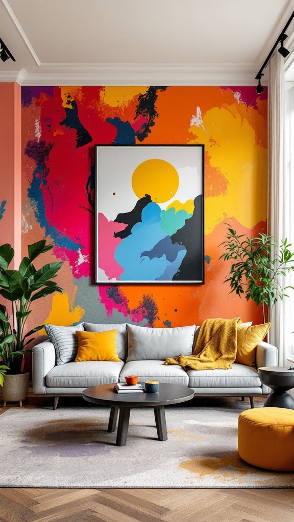 A vibrant living room with colorful accent walls featuring a mixture of bright colors and a comfortable sofa.