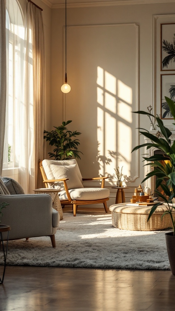 Cozy apartment living room with natural light and plants