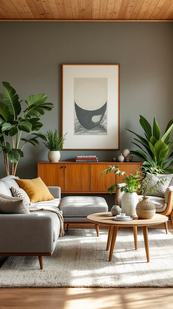 A cozy living room featuring plants, natural wood, and sustainable decor.