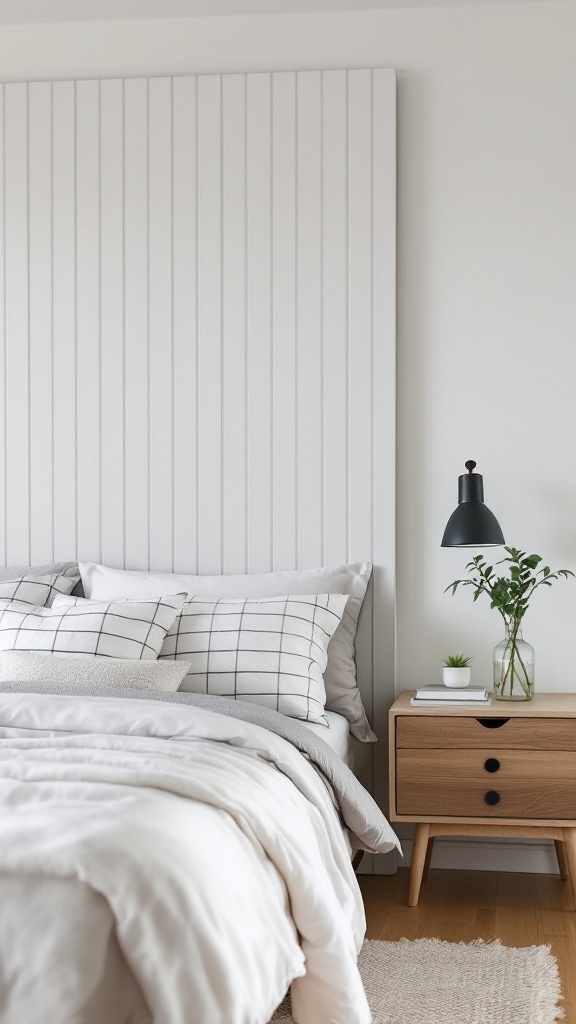 Modern bedroom featuring vertical shiplap wall and cozy bedding