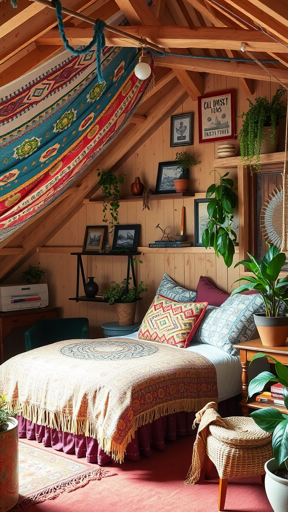 A cozy vintage bohemian styled attic room with colorful textiles, plants, and wooden accents.