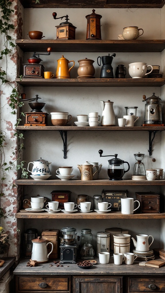 A vintage coffee collection displayed on wooden shelves, featuring various coffee pots, mugs, and grinders.