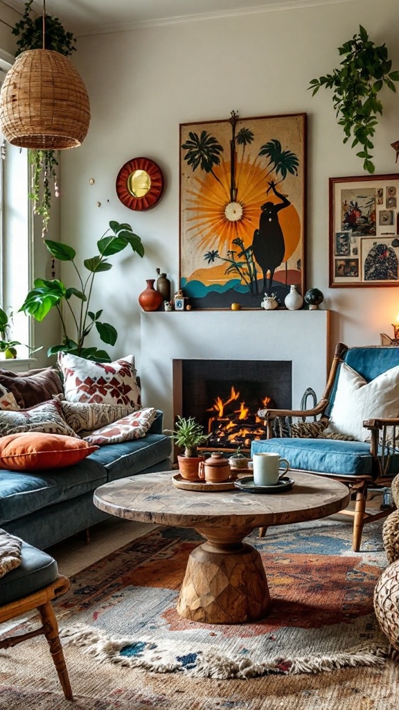 A cozy living room featuring vintage furniture, a wooden coffee table, and warm lighting.