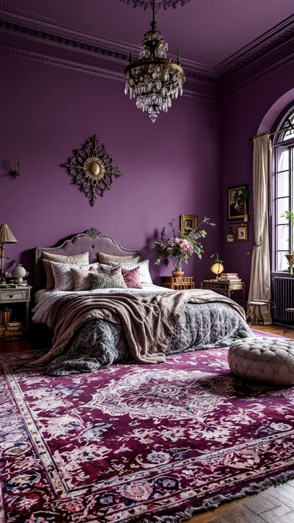 A cozy bedroom featuring a vintage rug with rich colors and intricate designs.