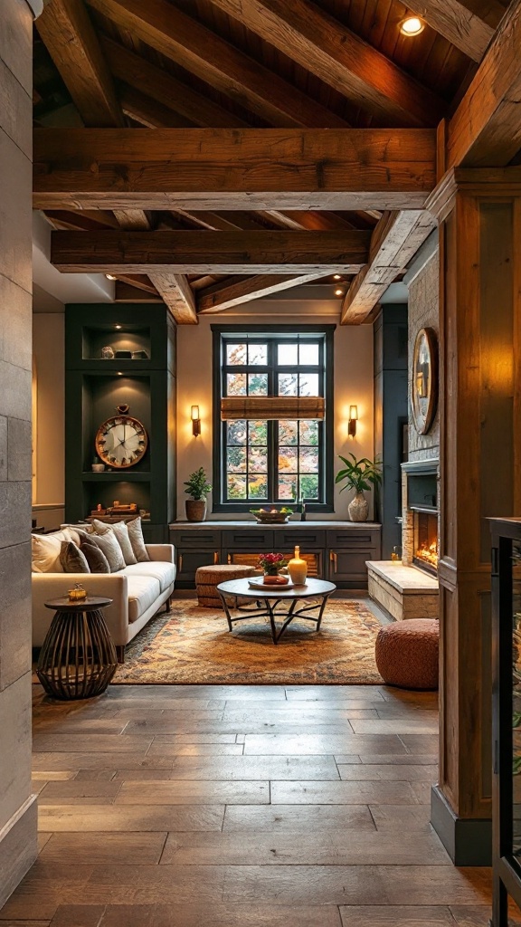 Cozy living room with warm wood beams and accents.