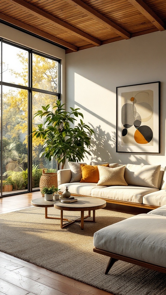 A bright living room with large windows letting in natural light, featuring a comfortable couch and plants.