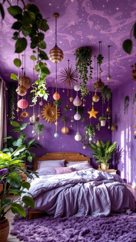 A beautifully decorated room with a purple ceiling adorned with hanging plants and colorful ornaments.