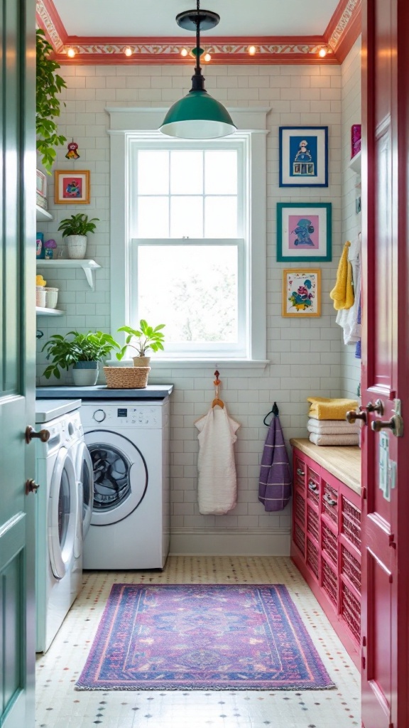 A vibrant and cozy laundry room with colorful decor and plants.